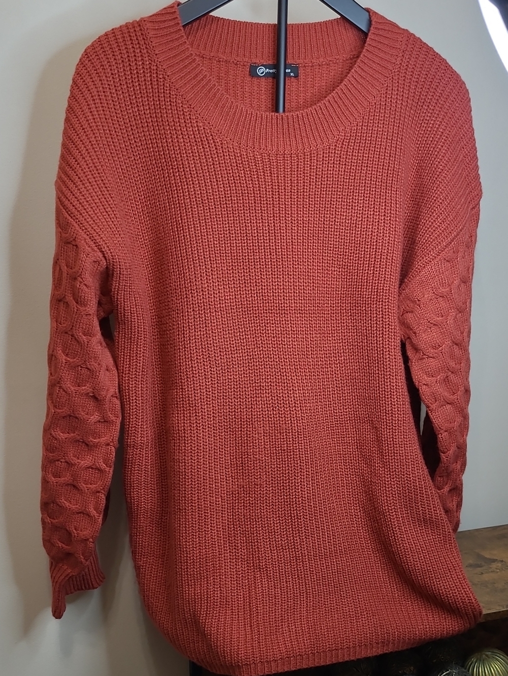 PrettyGarden Rust Crewneck Sweater with Cable-Detail Sleeves size XL